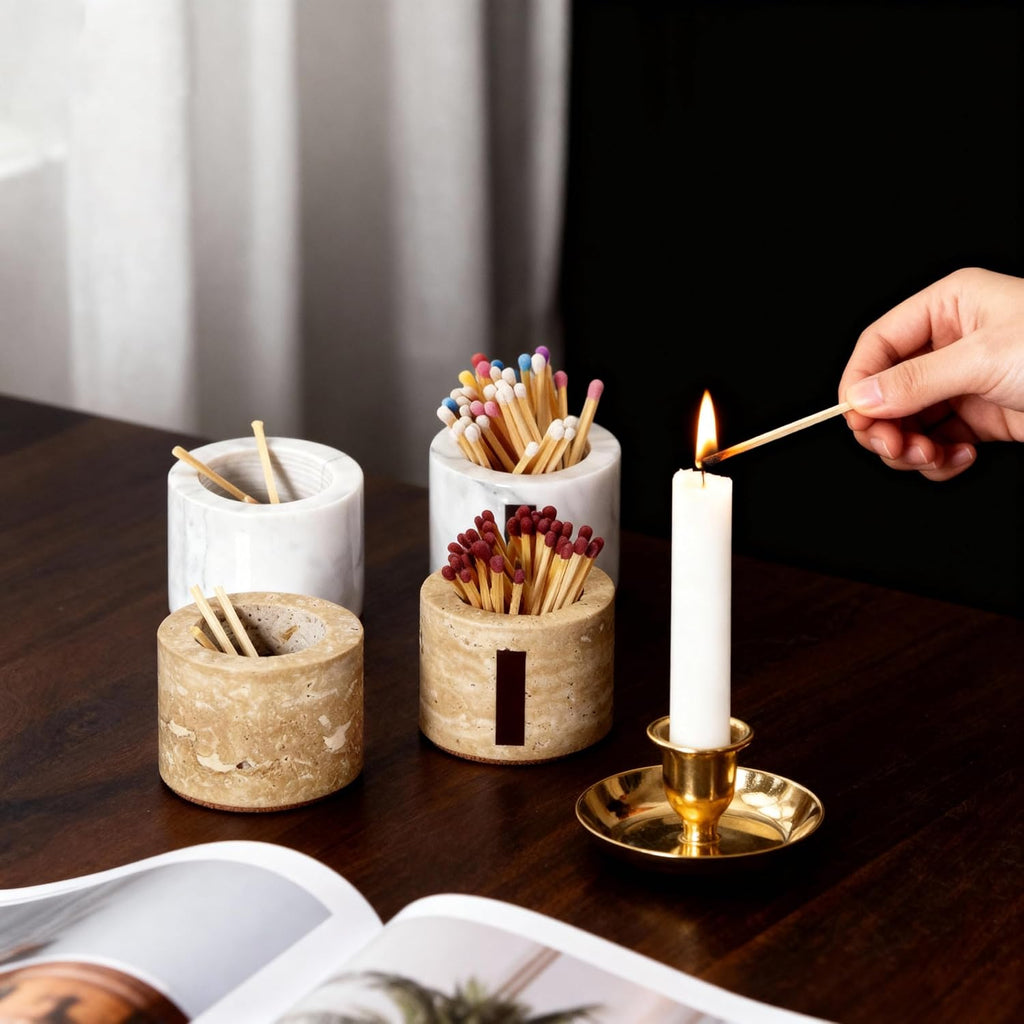 Travertine Match Holder with Striker, 2.6" x 2" Matches in a jar - Set of 2