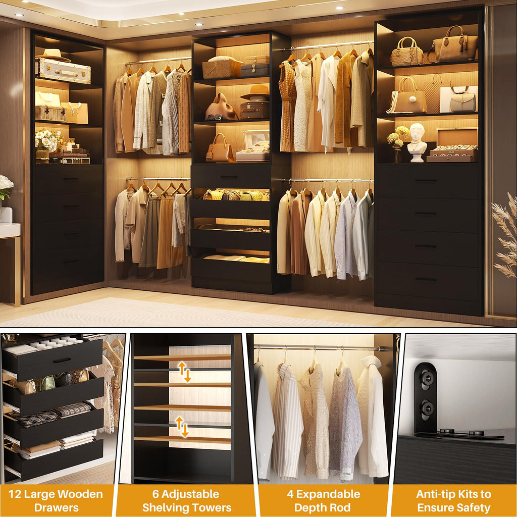 Closet System with 12 Drawers, 8.5-11.5Ft Wood Closet Organizer