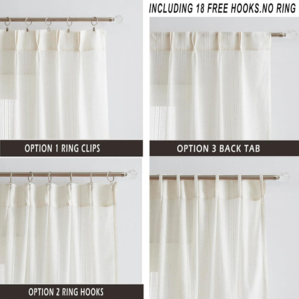 Boho 2 Panels Semi Sheer Pinch Pleated Curtains,Linen Blended 95 Inches Long Window Treatments,Light Filtering Pinch