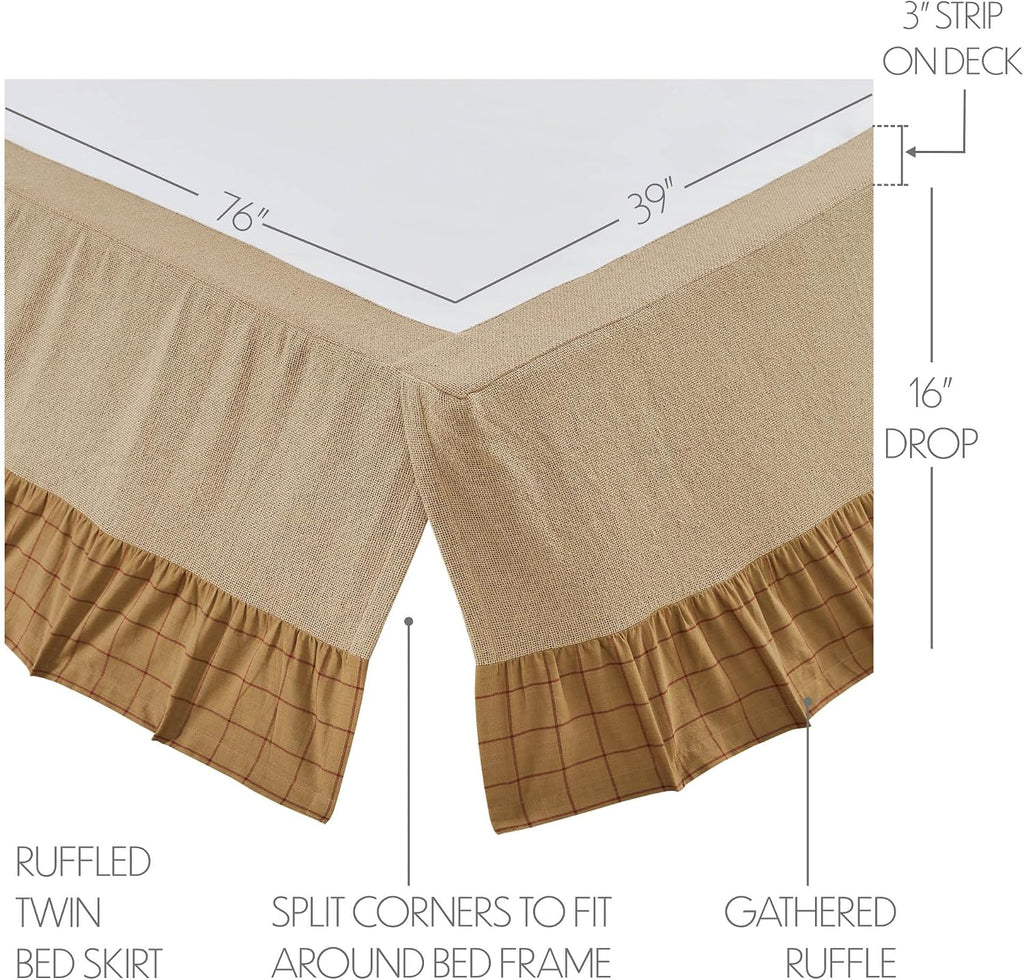 Connell Rustic Farmhouse Burlap Windowpane Plaid Ruffled Twin Bed Skirt Burgundy Tan 39x76x16
