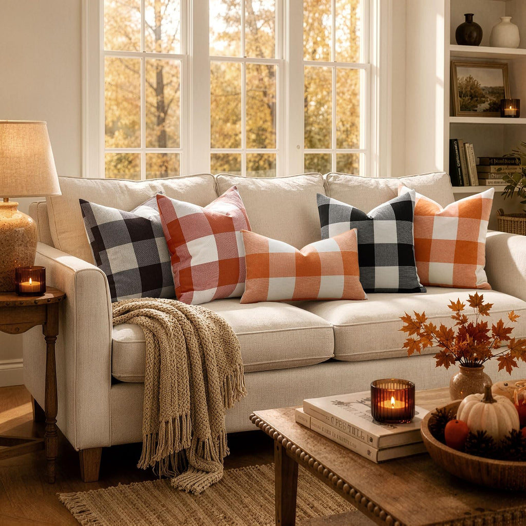 Halloween Plaid Pillow Covers Fall 16x16 Black and White Pack of 2