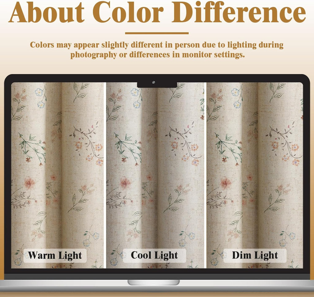 Boho Floral 100% Blackout Curtains for Bedroom 84 Inch Length 2 Panels Set, Linen Texture Farmhouse Curtains Beige