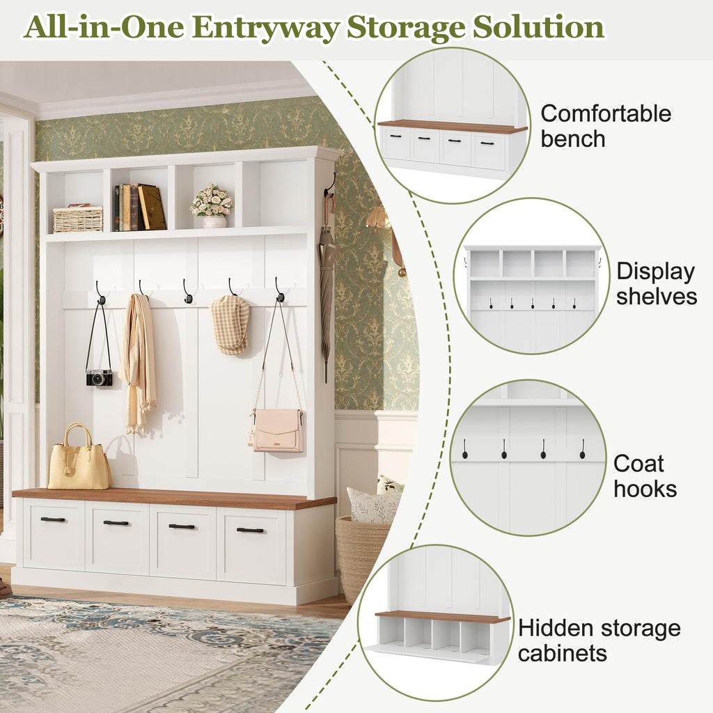 Farmhouse Hall Tree with Storage Bench, Mudroom Coat Rack with 6 Hooks, Modern All-in-One Entryway Organizer with