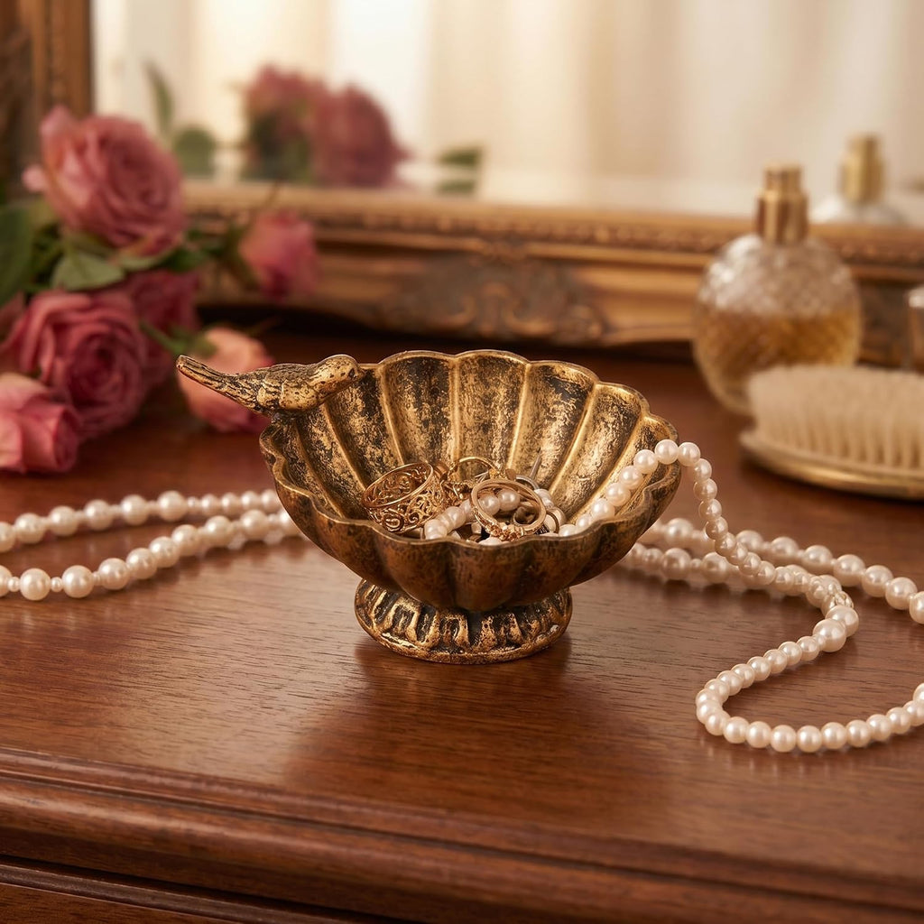 Vintage Bird Trinket Bowl Dish,Antique Gold Jewelry Tray Holder