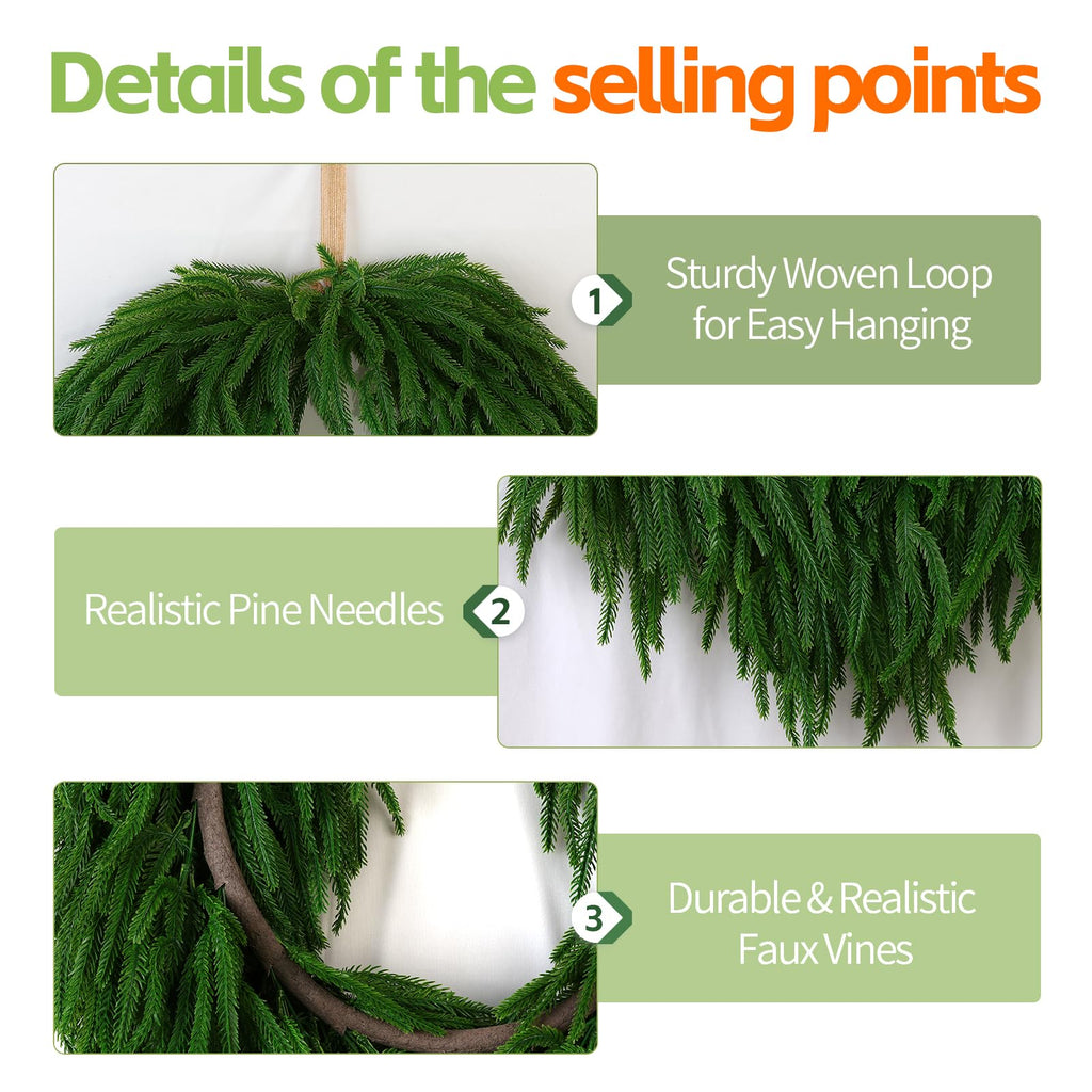 24" Norfolk Pine Christmas Wreath for Front Door - Large Artificial Greenery Wreath for Wall, Porch, or Indoor