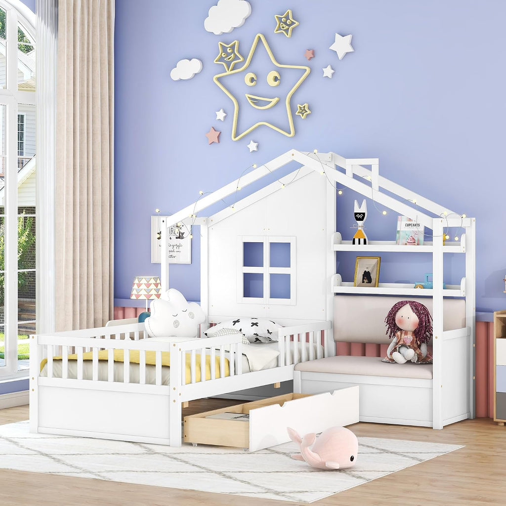 Kids Tw Bed Frame with Upholstered Sofa and 2 Drawers, Wood Montessori Bed with Storage Shelves and Tall Rails, L