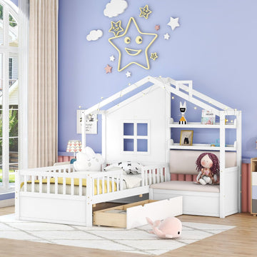 Kids Tw Bed Frame with Upholstered Sofa and 2 Drawers, Wood Montessori Bed with Storage Shelves and Tall Rails, L