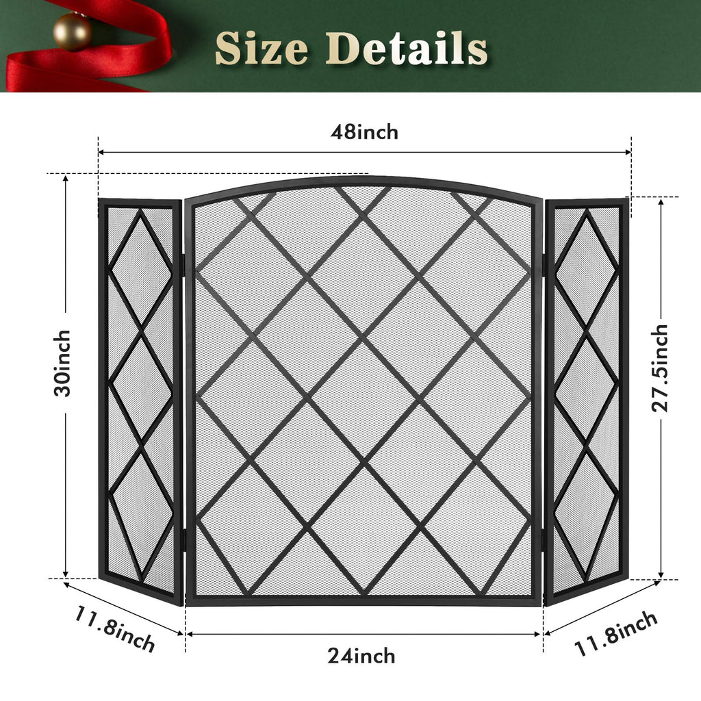 3-Panel Fireplace Screen 48" W x 30" H Wrought Iron Spark Guard