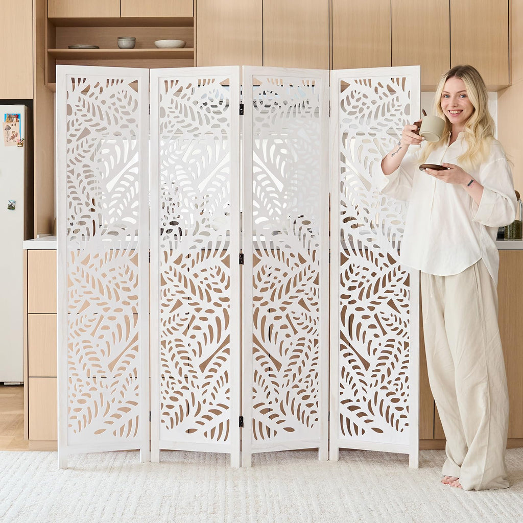 Leaf-Carved Room Divider Privacy Screen - 67 Inch Tall Foading Decorative Wood Screen Dividers Panel - Natural Wood