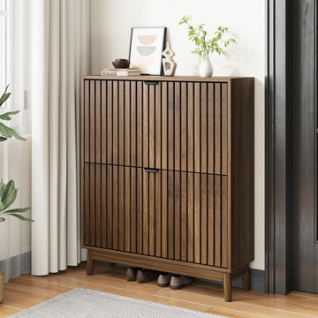 2 Flip Drawer Shoe Storage Cabinet, Wooden Shoe Organizer with Ventilated Slatted Doors