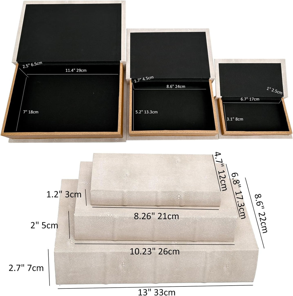Modern Faux Shagreen Leather Decorative Book Boxes Set of 3 - Wooden Book Shaped Hidden Storage Boxes Decor, Coffee