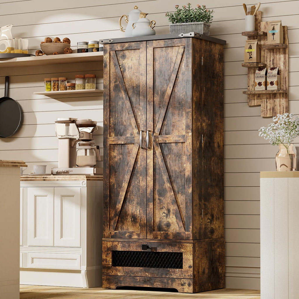 Farmhouse Pantry Cabinet with Adjustable Shelves and Drawer, Kitchen Cabinet Buffet Cupboards Storage Brown