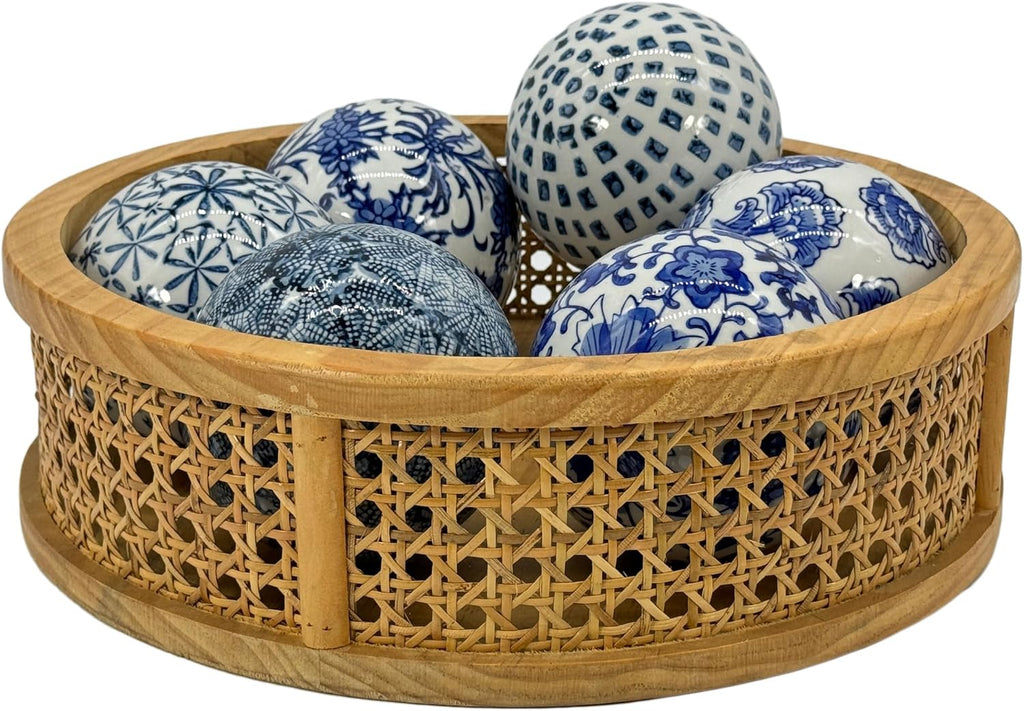 4" Diameter Blue & White Floral Chinoiserie Ceramic Ball () Style 2 | Decorative Ball Vase Bowl Filler - Set of 3