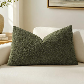 Textured Boucle Lumbar Pillow Cover for Bed 12x20 Olive Green