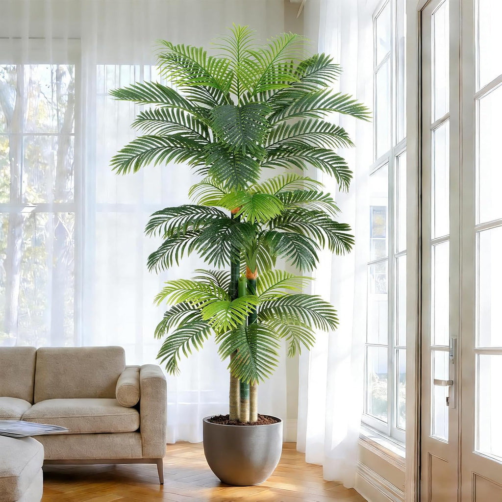 8.5ft Artificial Golden Cane Palm Tree - Large Triple Fake Palm Tree in Pot for Indoor/Outdoor, Patio, Pool, Big
