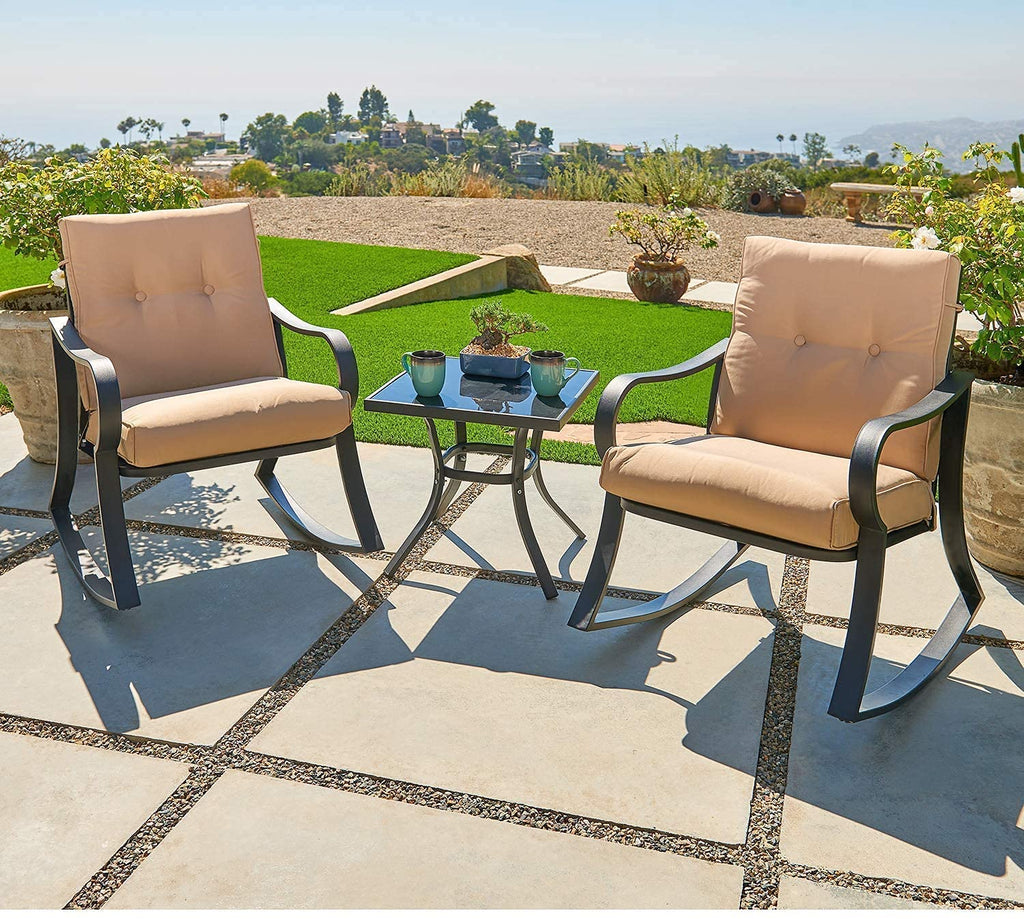 Outdoor Furniture 3 Piece Conversation Bistro Set Rocking Chairs and Glass Top Table, Thick Cushions, Black Steel