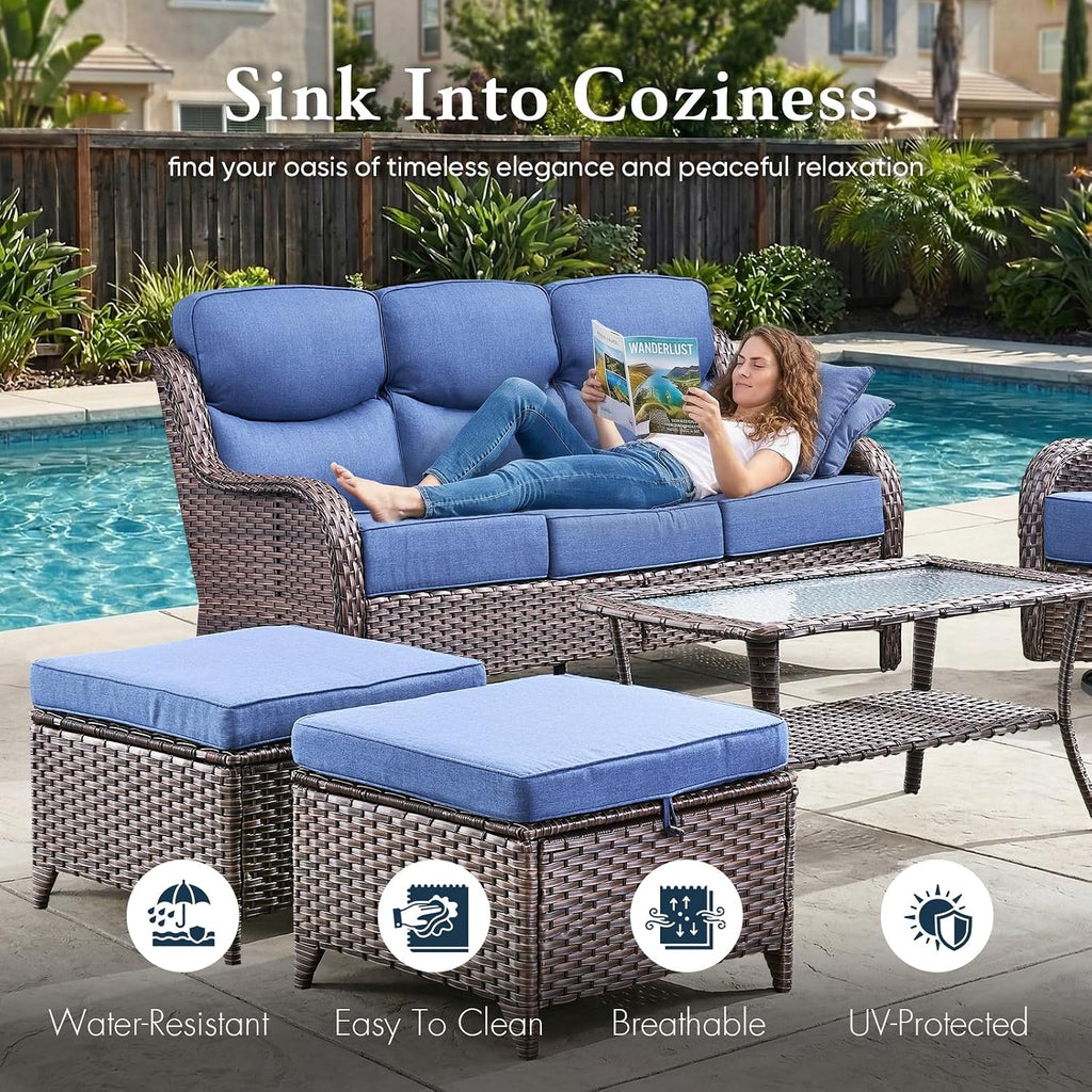 Luxury 6" Thick Cushioned PE Wicker 3-Seater Outdoor Couch, All-Weather Comfortable Modern Patio Sofa, High Back Deep