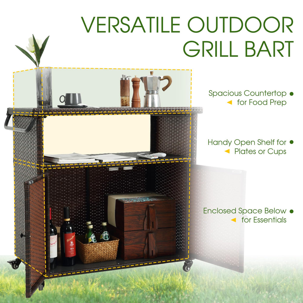 Outdoor Bar Cart with Storage Cabinet, Brown