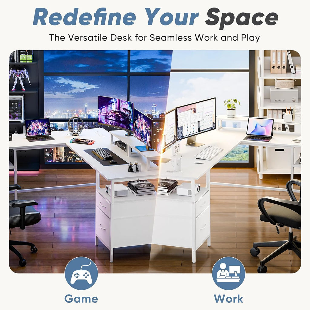 62" L Shaped Desk with Drawers and Power Outlet, White | Reversible Computer Desk with 2 Monitor Stands and Storage