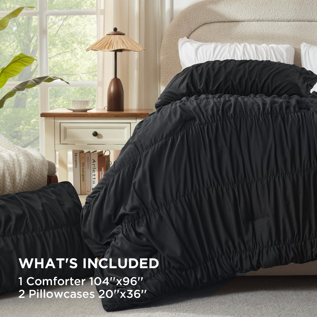 Ruched Black Comforter Set, Boho Ruffle 3 Pieces
