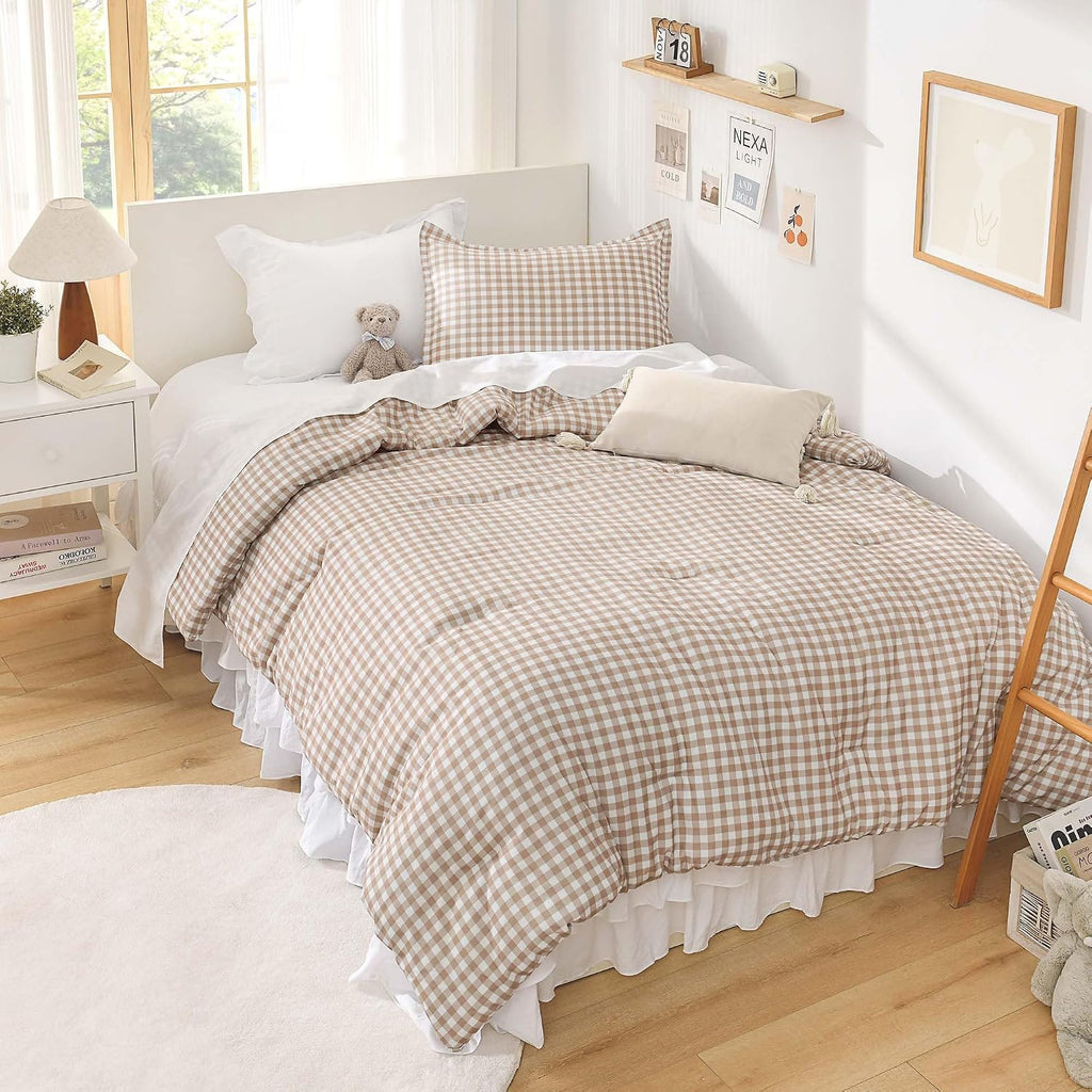 Tan Gingham Comforter Set Twin(66x90Inch), Brown Checkered Grid Plaid Buffalo Bed Set for Girls Boys Kids Teens, 2