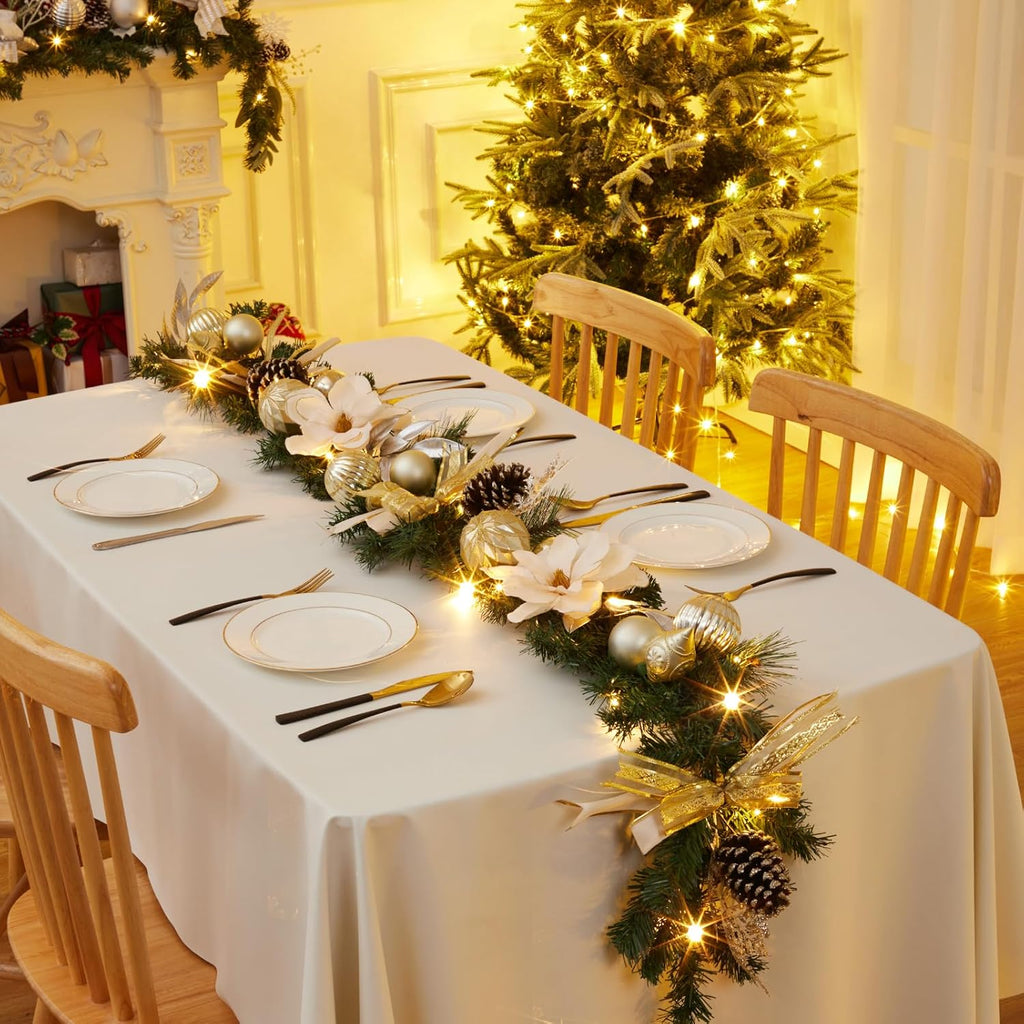 6ft Christmas Garland with Lights, Prelit Outdoor Christmas Garland with Timer 20 LED Lights Pine Cones Gold Ball