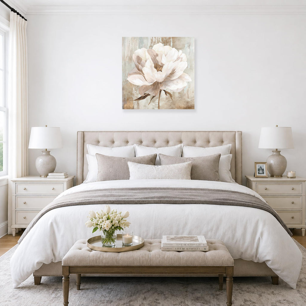Beige Floral Canvas Wall Art Cream White Peony Flower Pictures Modern Botanic Blooming Canvas Print Living room Above