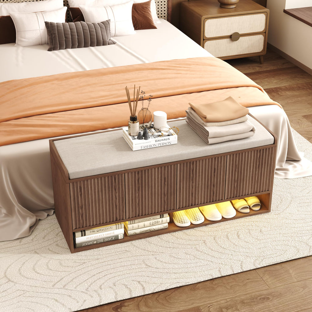 47.2" Fluted Shoe Storage Bench, Entryway Bench with Linen Seat Cushion, Shoe Cabinet Bench with Adjustable Shelf and