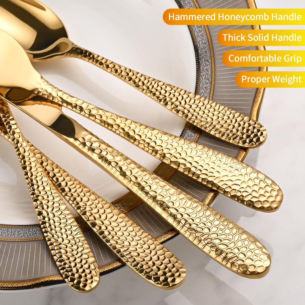 Gold Hammered Silverware Set, 40-Piece Heavy Duty Stainless Steel Flatware Sets for 8, Food-Grade Cutlery Set