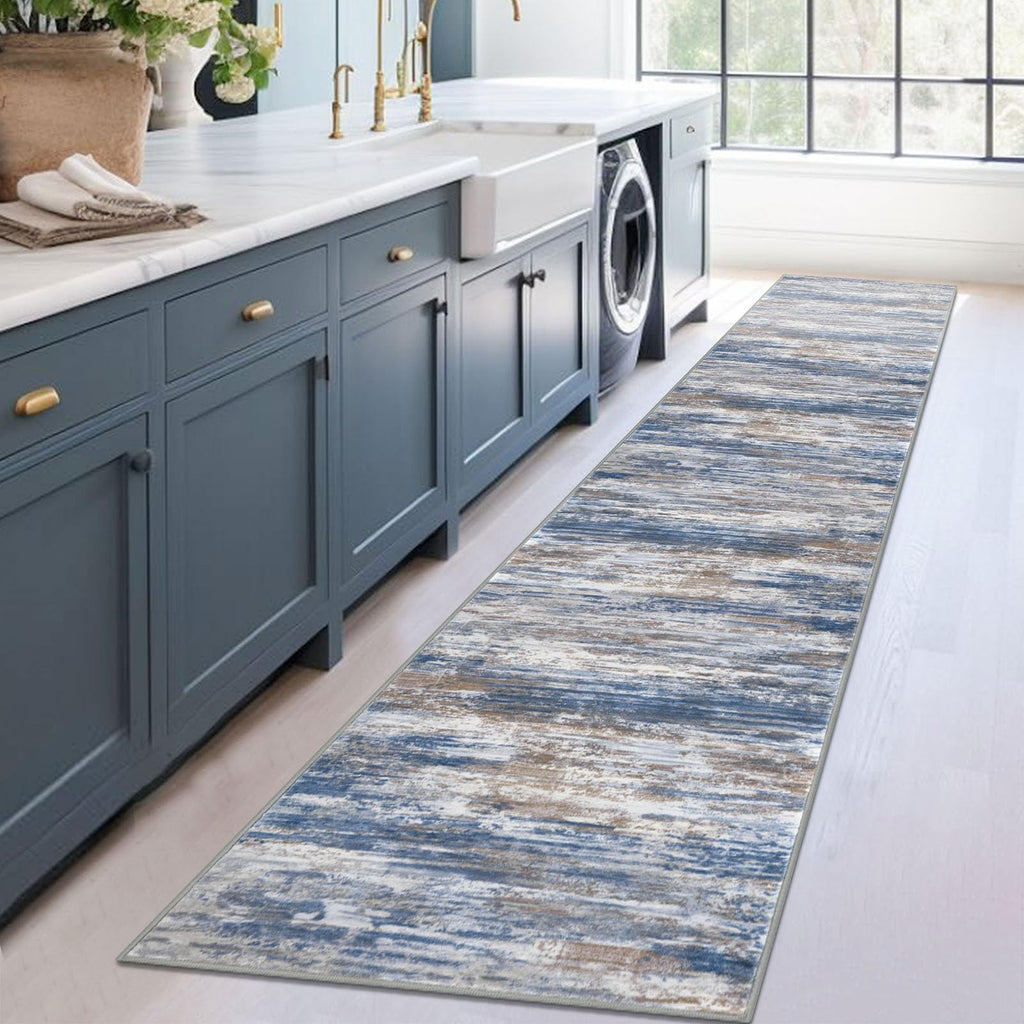 Modern Abstract Runners s 2x12 Washable Rug Runner Non-Slip Soft Striped Kitchen Runner Rug, Blue Rust Print Carpet