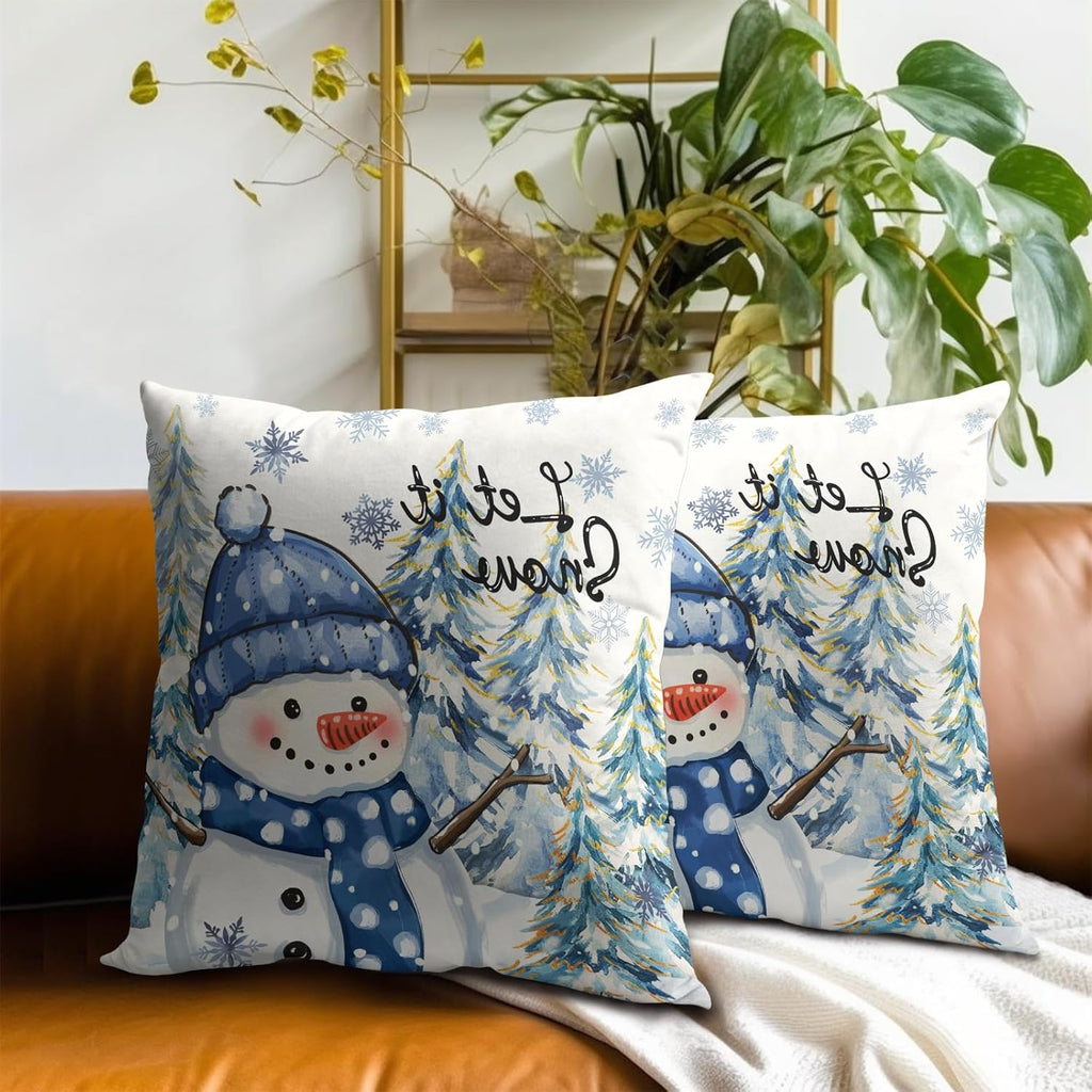 Winter Throw Pillow Covers 18x18 Inch Snow Snowman Pine Trees Holiday Cotton Hidden Zipper Pillowcases - Set of 2