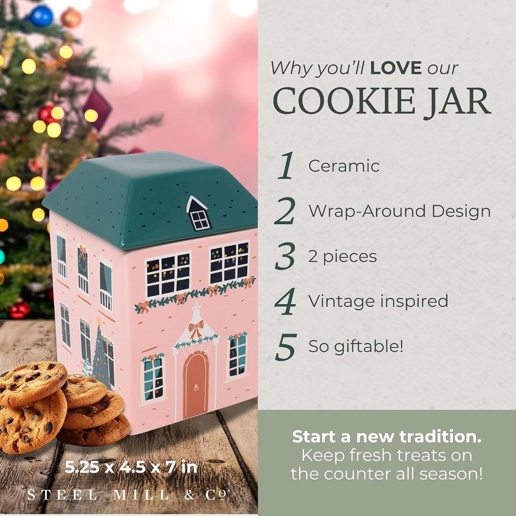 Steel Mill & Co. Ceramic Cookie Jar, Pink Holiday Cottage