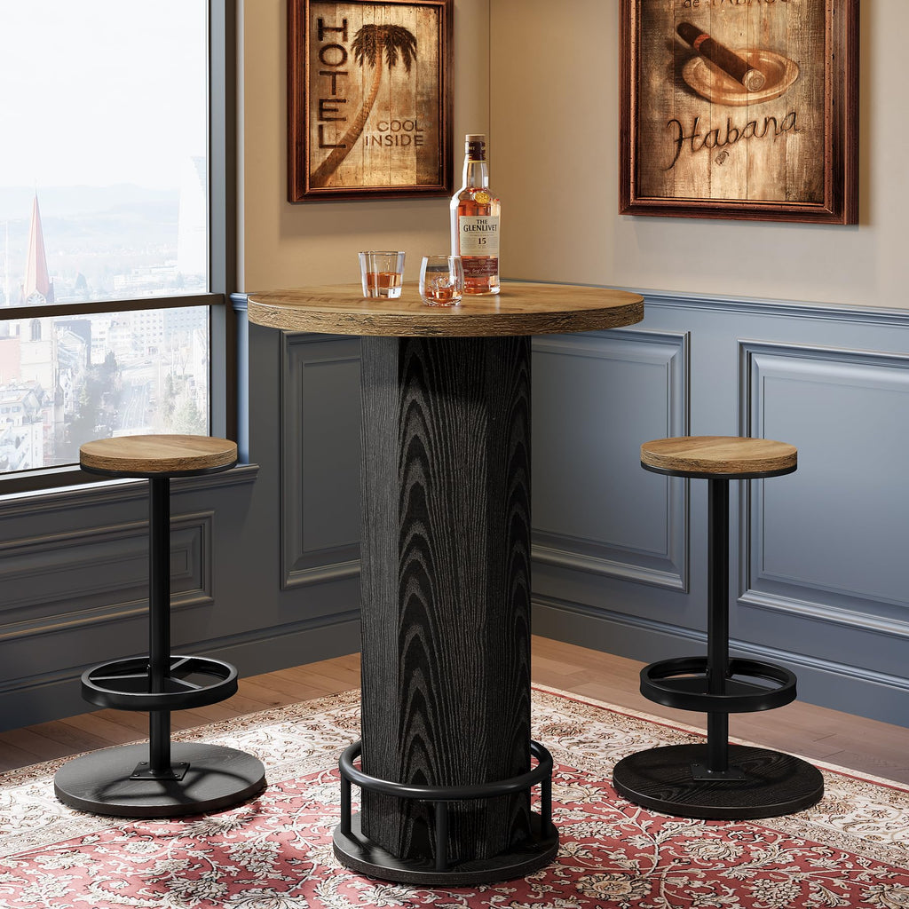 Round Bar Table with Chairs Set of 2, Industrial Bistro Sets with 2 barstools, Pub Cocktail Table with Metal Ring