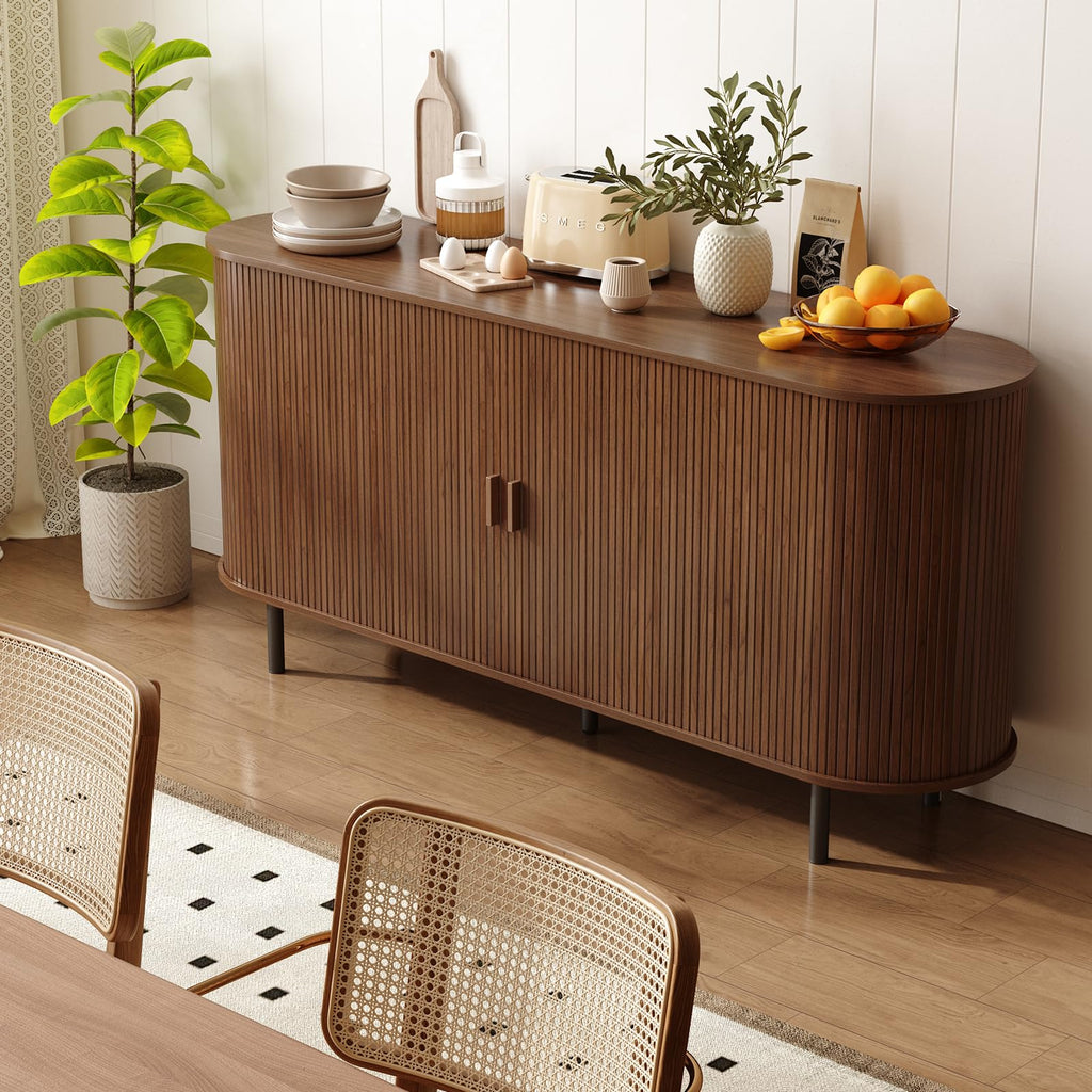 63" Sideboard Buffet Cabinet, Sliding Door/Adjustable Shelf, Walnut