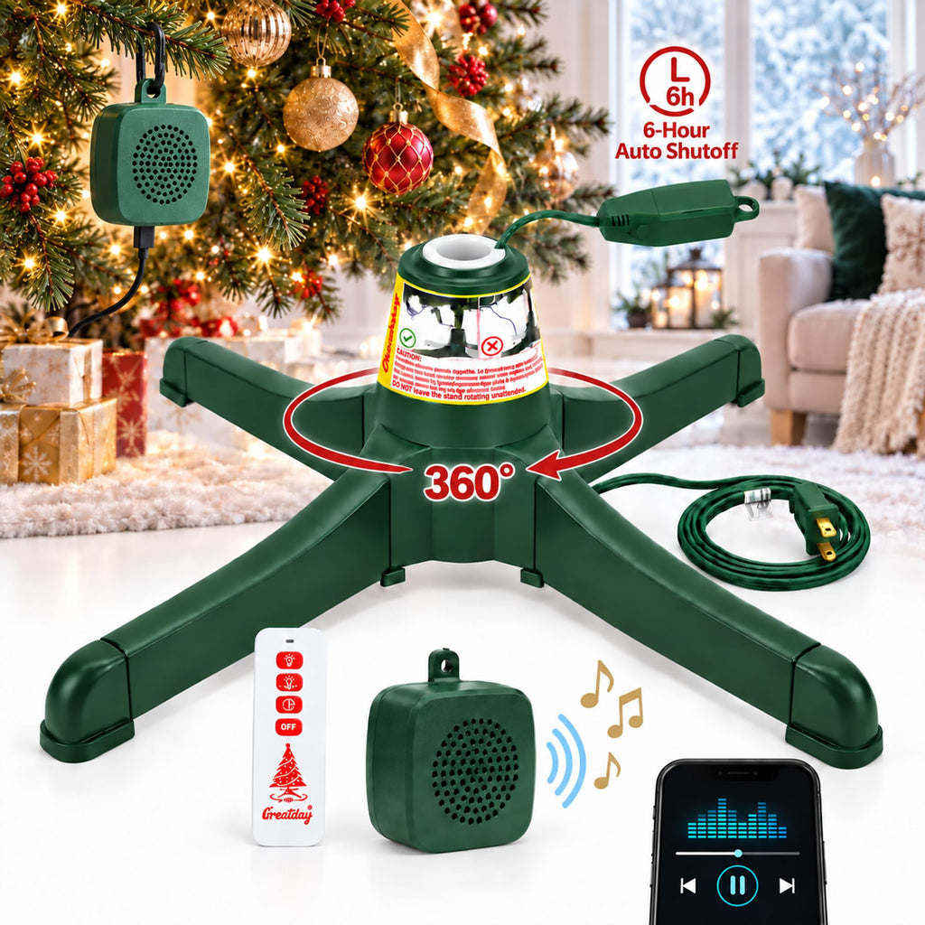 Musical Rotating Christmas Tree Stand with Remote Control, Bluetooth Speaker, 10 Songs, 360° Rotation, Fits 0.75