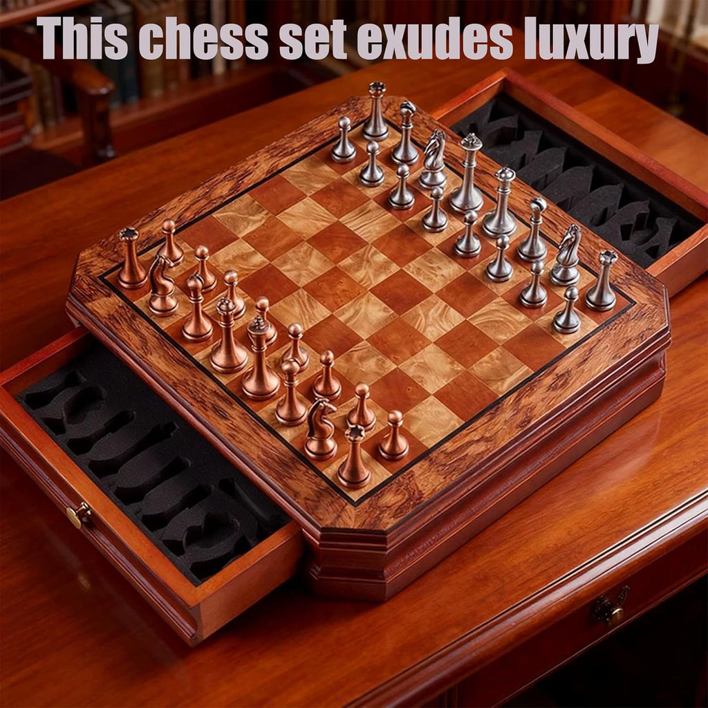 Luxury Wooden Chess Set with Metal Pieces, Handcrafted Solid Wood Board & Storage Drawer - Creative Gift for Men