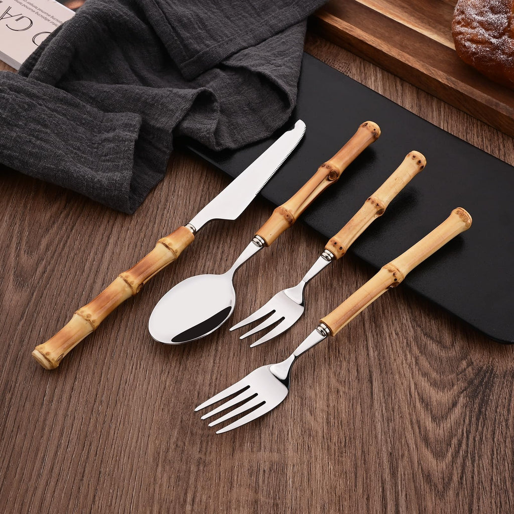 30PCS Silverware Set for 6, Bamboo Handle Flatware Set, Stainless Steel Cutlery Set Restaurant and Party, Bamboo