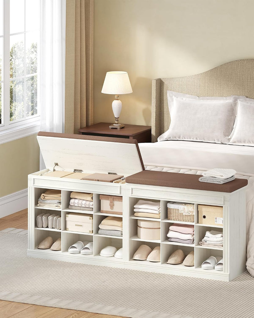 Shoe Bench with Cushion, Farmhouse Storage Bench with 18 Cubbies & Hidden Storage Space, Large Capacity Organizer