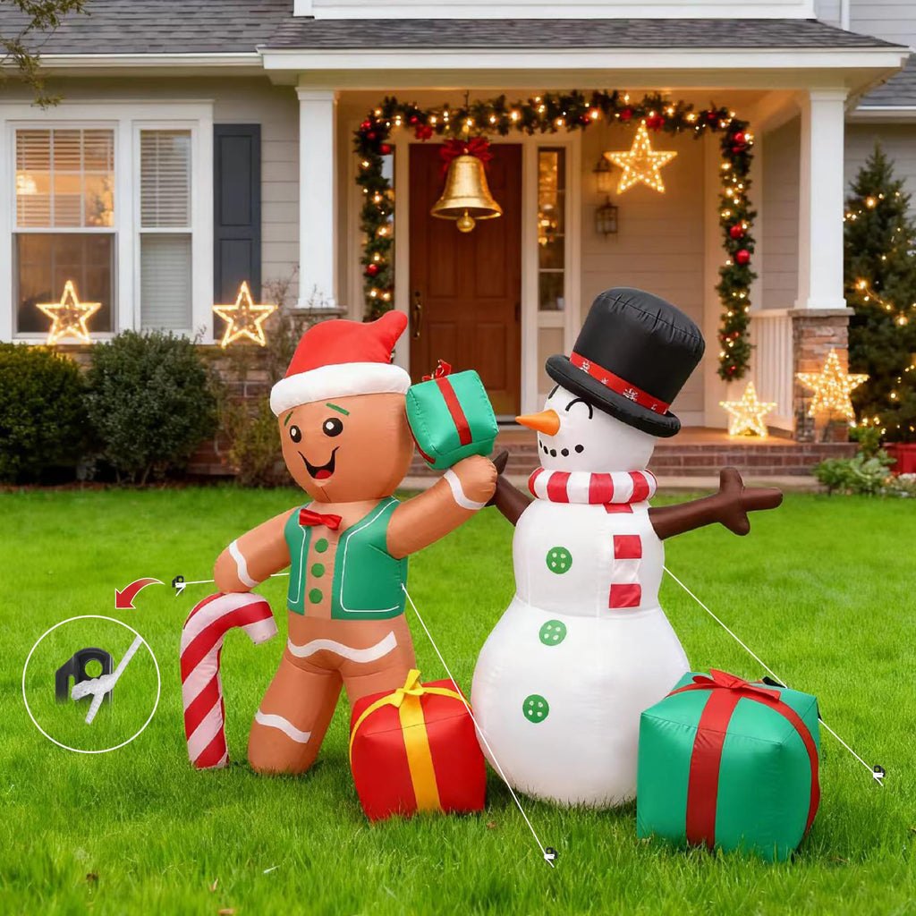 6FT Christmas Inflatable Decoration, Built-in LED Lighting Gingerbread Man Snowman Gift Box, Suitable for Inflatable