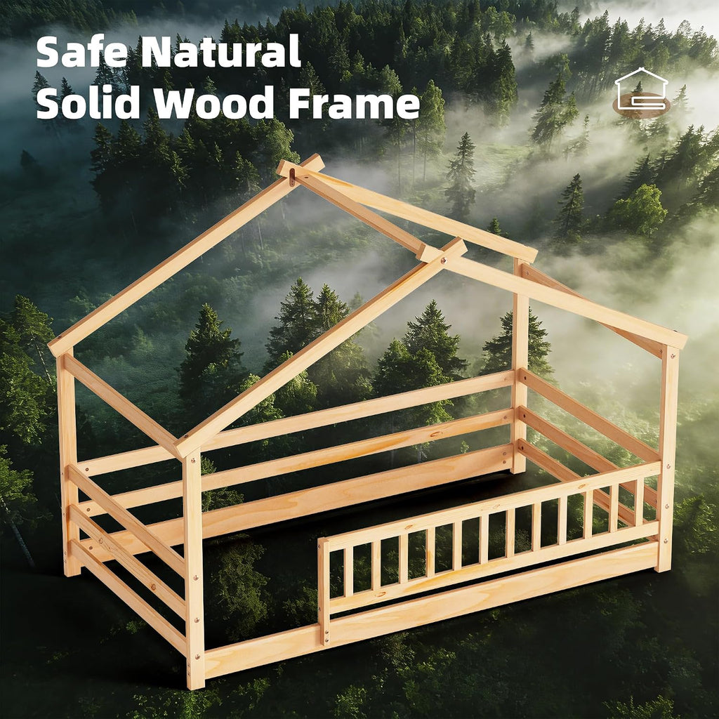 Tw Bed, Montessori Floor Bed with Fence and Roof, Solid Wood Low Bed Frame with Headboard & Footboard for Boys &