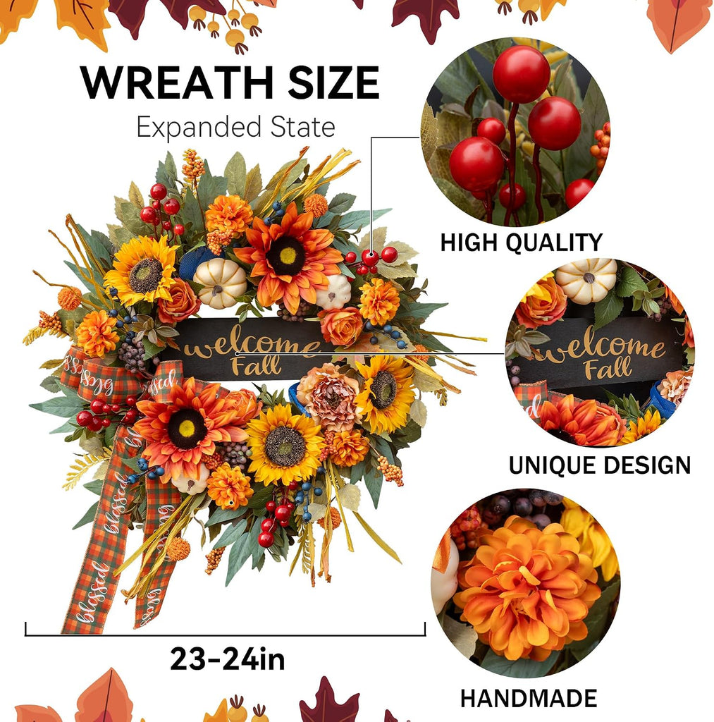 24 Inch Harvest Fall Wreaths for Front Door, Rustic Harvest Autumn Wreath