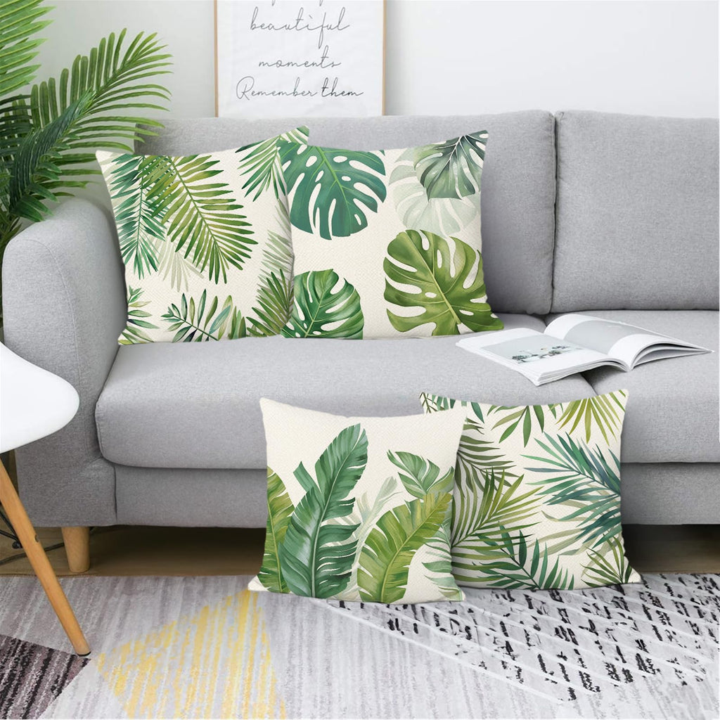 Tropical Leaves Throw Pillow Covers 18 x 18 Inch Green Palm Leaf Decorative Pillows Polyester Linen Cushion Cases for