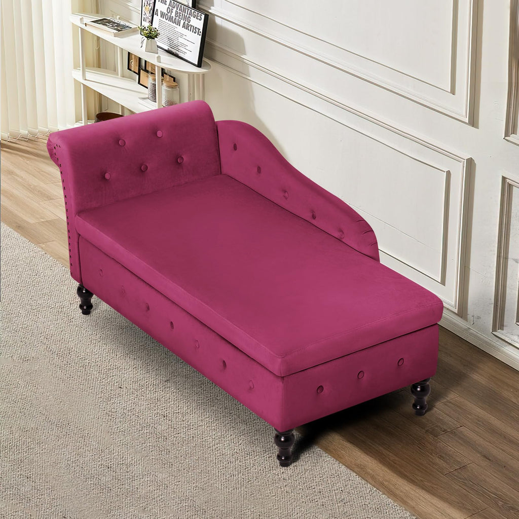 Velvet Chaise Lounge w/Left Armrest & Storage Space, Fuchsia
