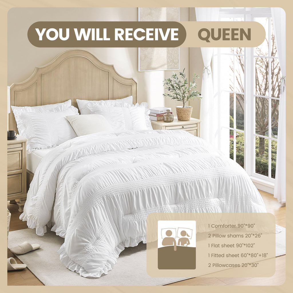 Comforter Set Seersucker, 7 Pieces White Ruffle Bed in a Bag