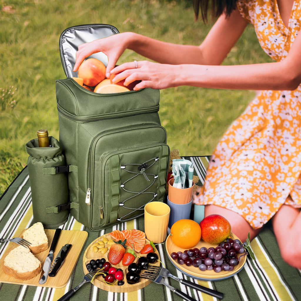 Picnic Basket Backpack for 4 Person with Blanket, Insulated Leakproof Cooler Compartment, Wine Holder, Cutlery Set