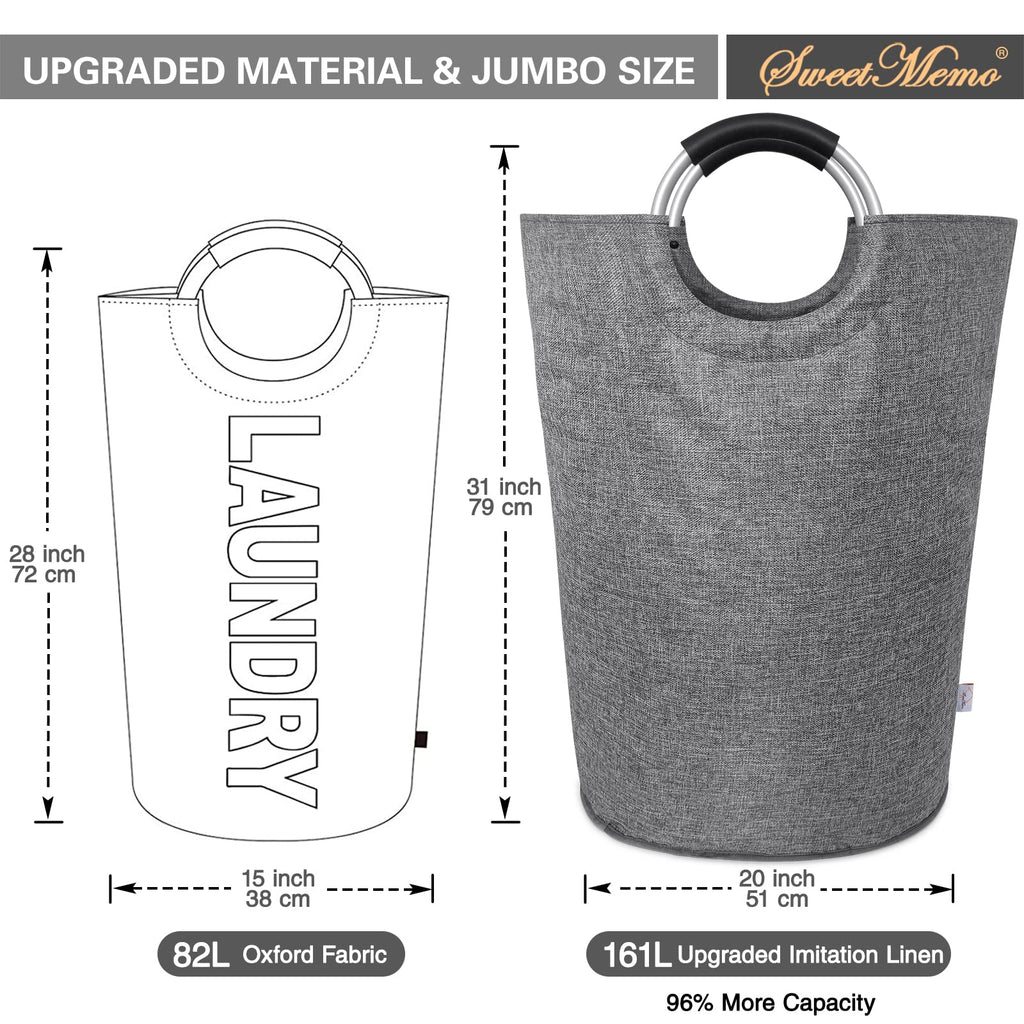 Oversized Laundry Basket, Huge Laundry Hamper Bag with Handles, 160L Grey