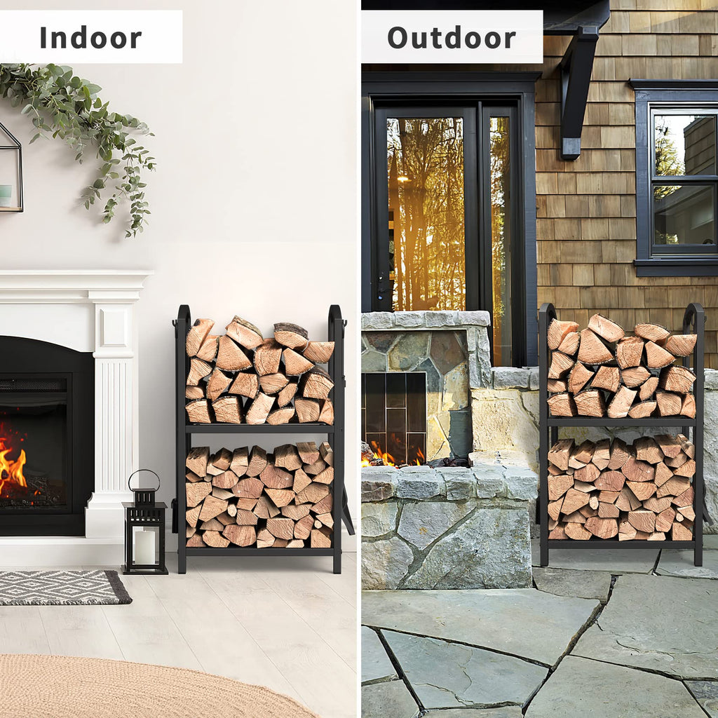 Firewood Rack with Fireplace Tools Set, Fireplace Tool Rack for Indoor Outdoor Fire Log Holder Wrought Iron Large