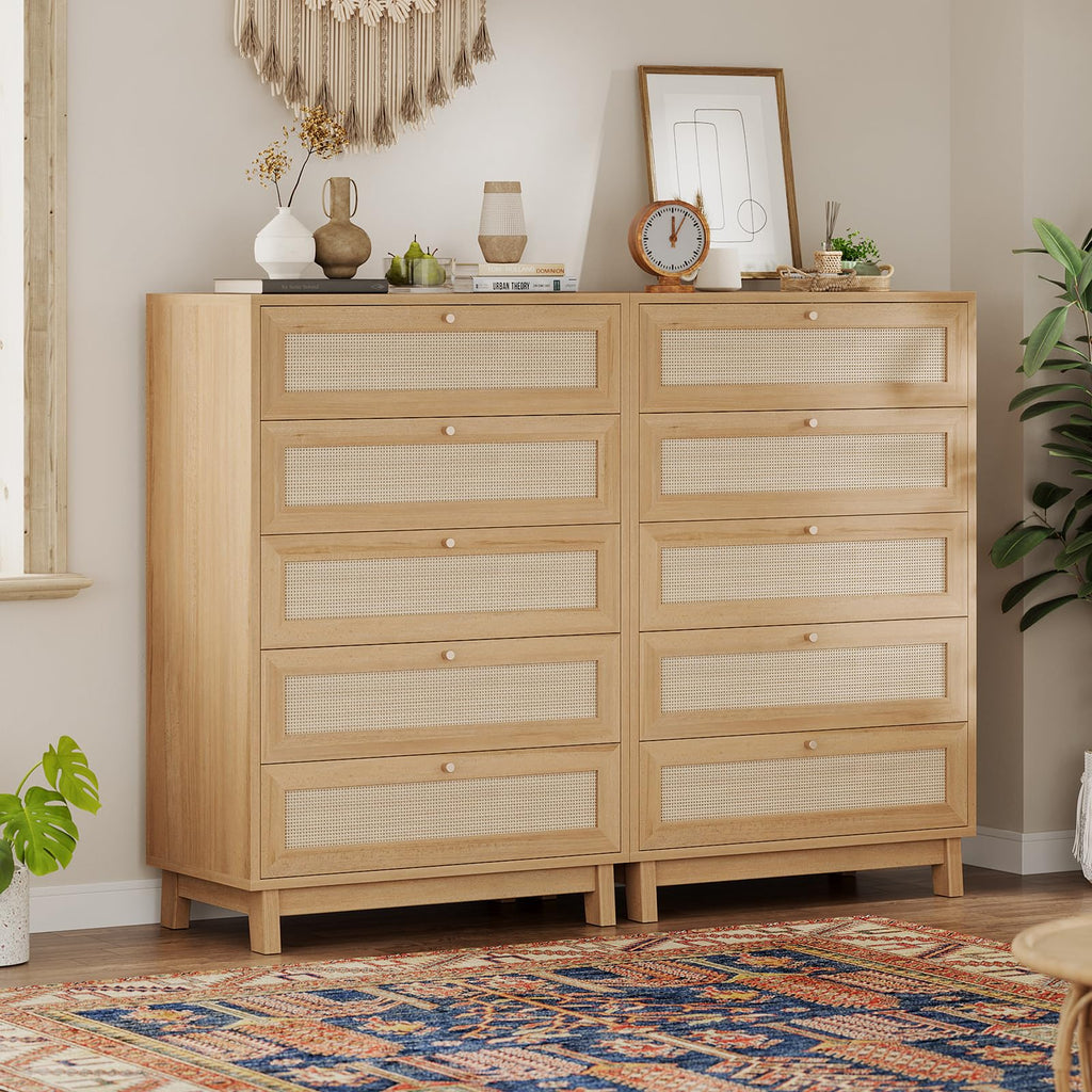Rattan Dresser, 5 Drawer Dresser with Natural Rattan Drawers, Wooden Tall Cabinet with Gold Handles, Modern Closet