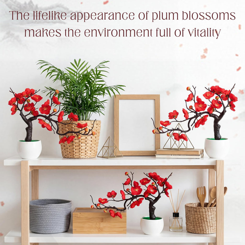 8 Pack Red Plum Blossom Silk Flowers with Pot, Lateral