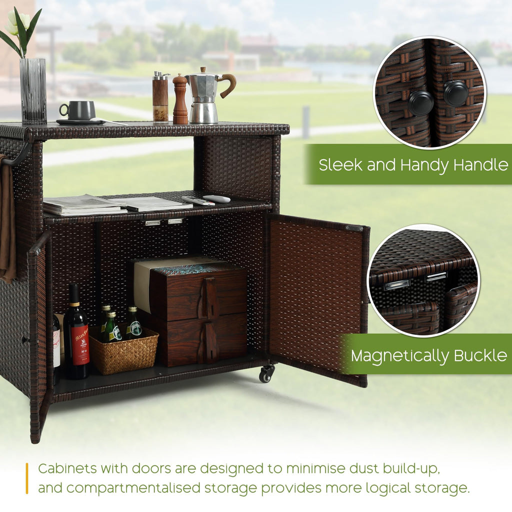 Wicker Outdoor Bar Cart - Brown Patio Console Table Wagon